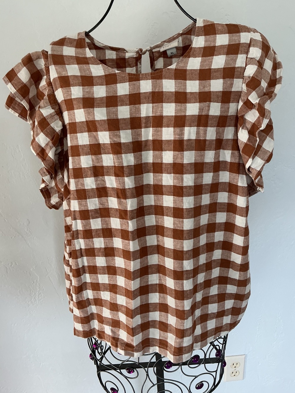 A New Day Brown and White Gingham Ruffle Sleeve Top